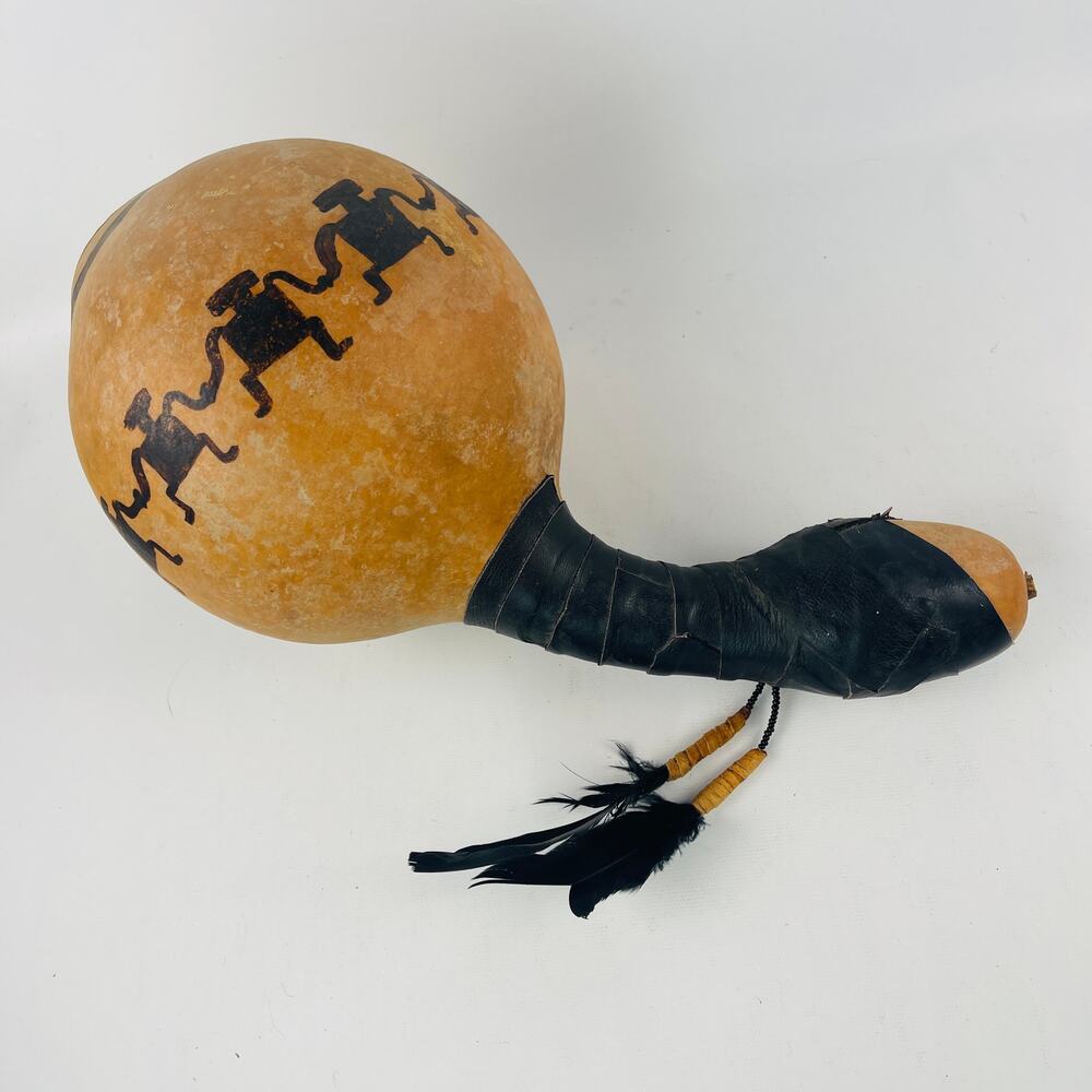 Native American Folk Art Gourd Rattle Petroglyph-style Paint & Feathers